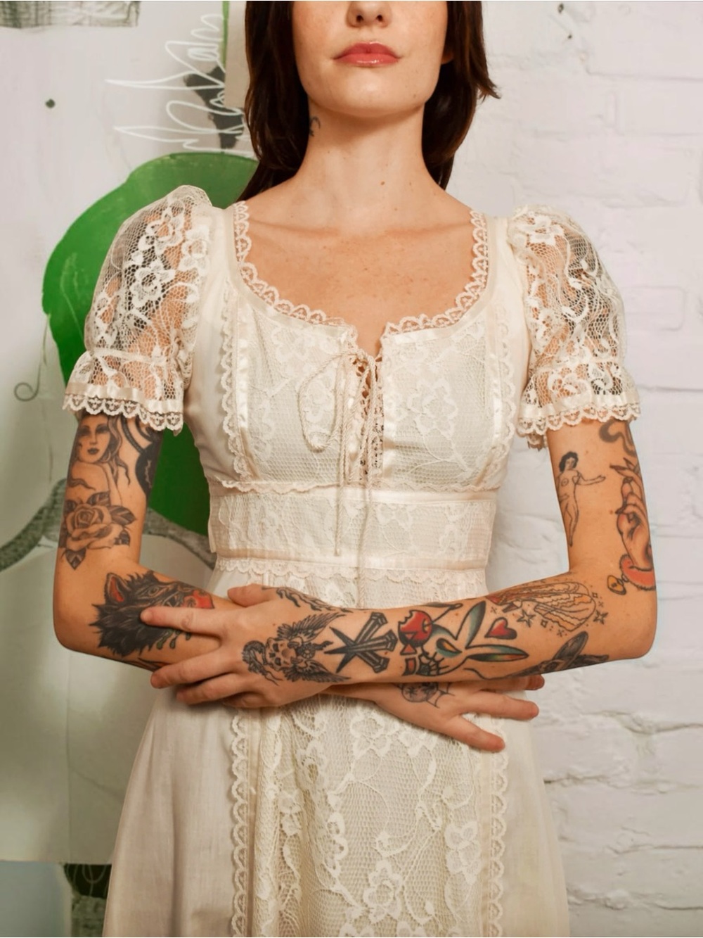 VINTAGE 70s DONI GIRL of California Cream Lace Prairie Maxi Dress Boho Wedding